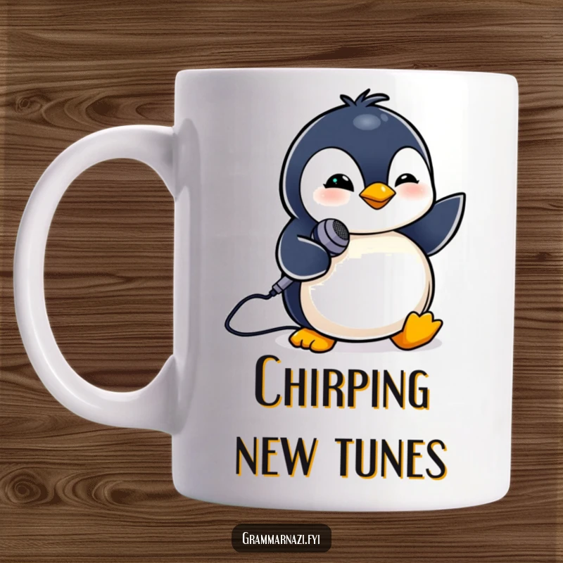 Funny mug with a tiny penguin winking charmingly while holding a miniature microphone. Ready to perform.