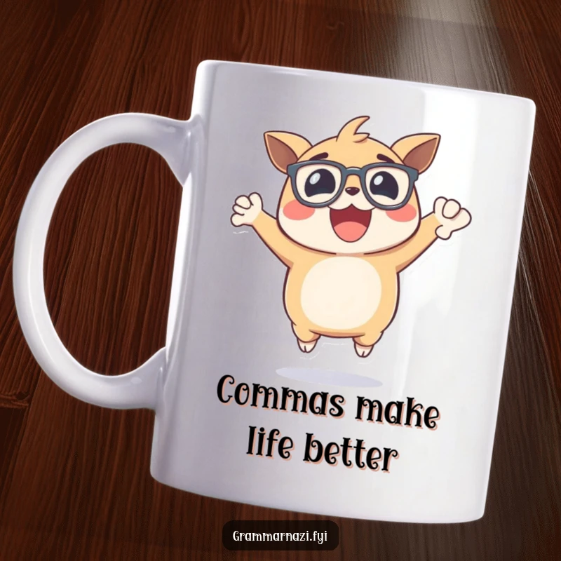 Funny mug showing an excited, bespectacled creature leaping with joy, triumphantly holding a perfectly placed comma, celebrating grammar.