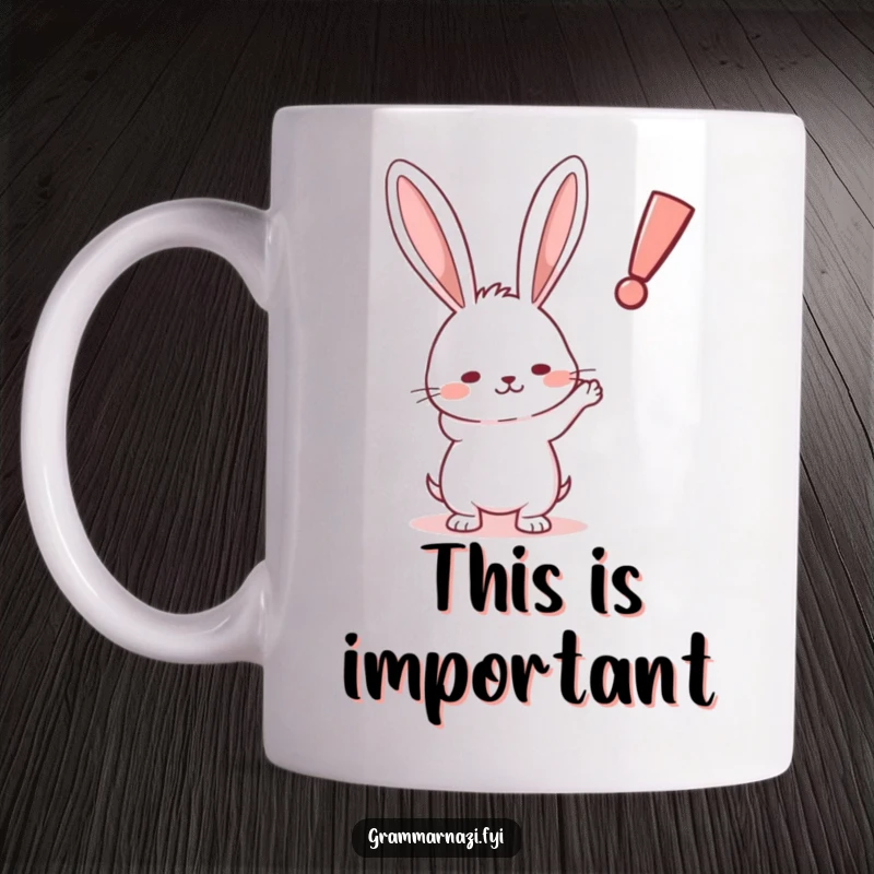 Funny Rabbit Exclamation Mug: A small, determined rabbit points emphatically at a crooked, floating exclamation point, conveying a funny message.