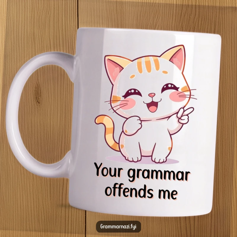 Funny Mug featuring a cheerful cat precisely pointing at a misplaced comma, highlighting its precise editing skills.