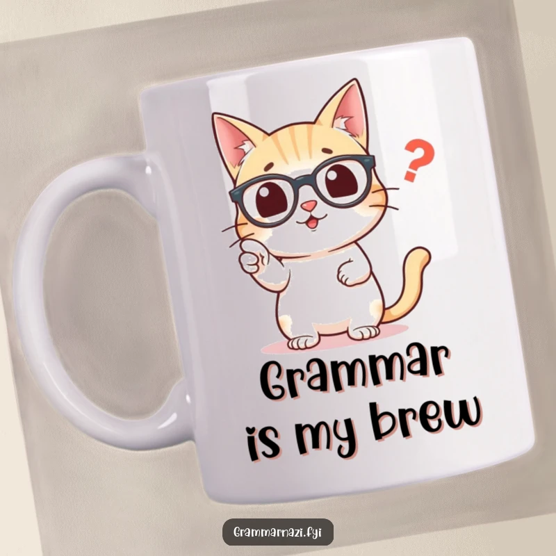 Funny mug featuring an intelligent cat in glasses, excitedly pointing at a misplaced comma with a look of utmost importance.