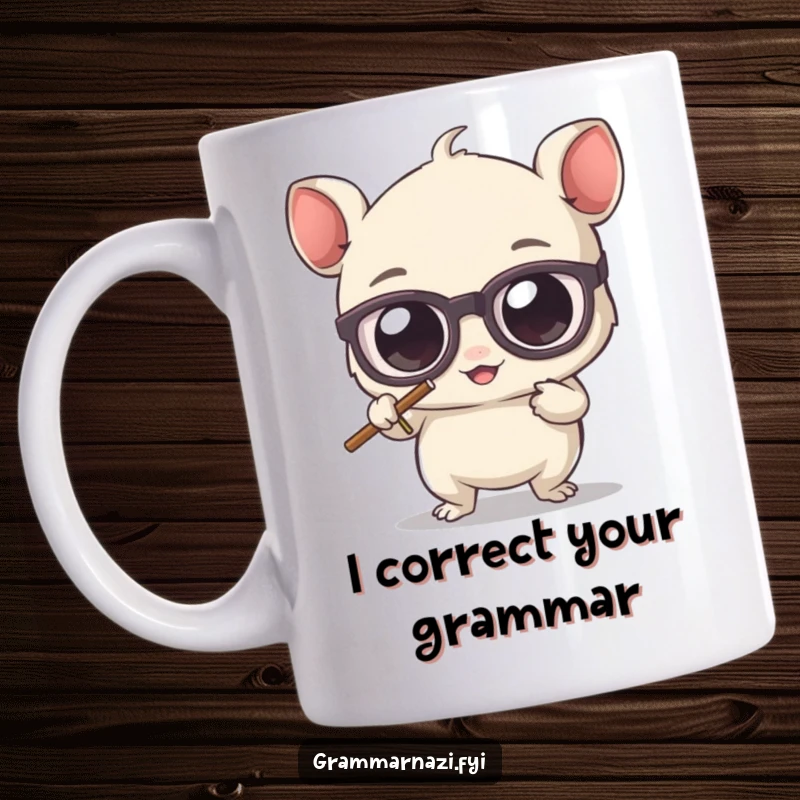 Funny mug showcasing a cute, bespectacled creature with big eyes, diligently erasing a misplaced apostrophe with determination.