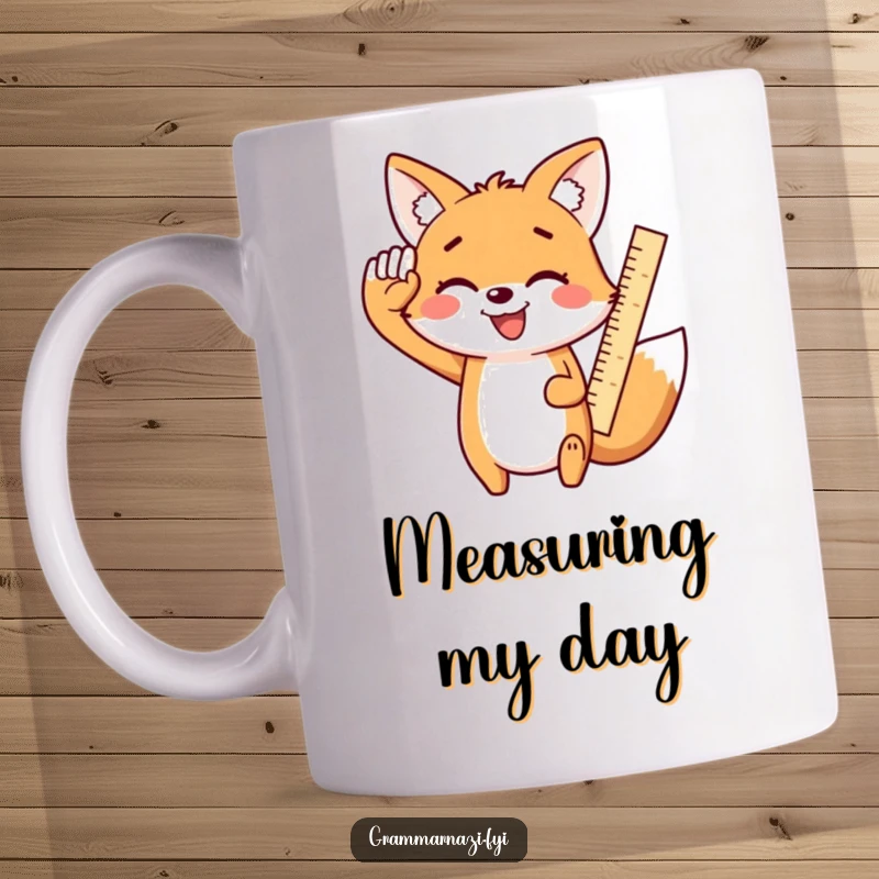 Funny Kawaii Fox Mug: A smiling, cute fox enthusiastically salutes while holding a ruler, embodying cheerful precision and readiness.
