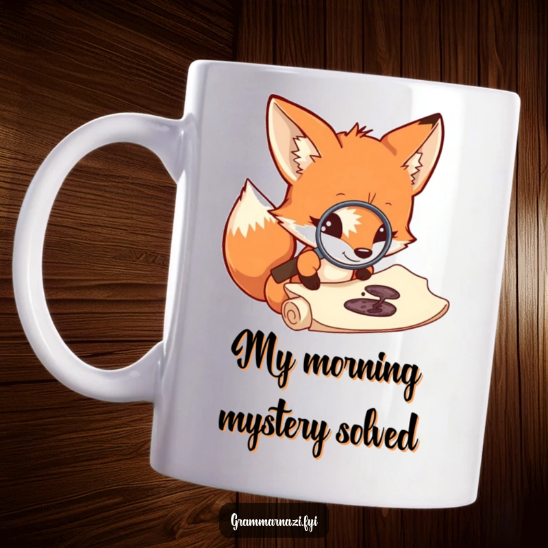 Funny fox detective mug, curiously peering through a magnifying glass at a tiny ink splotch on a scroll, perfect gift.