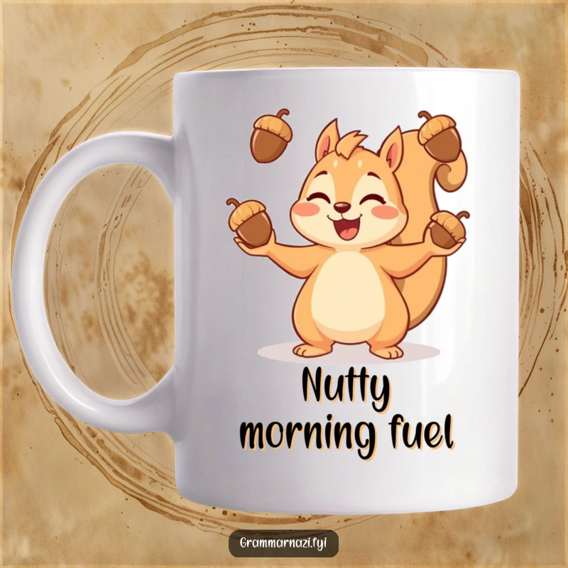 Funny mug featuring a cheerful squirrel gleefully juggling acorns, showcasing pure delight and playful energy.