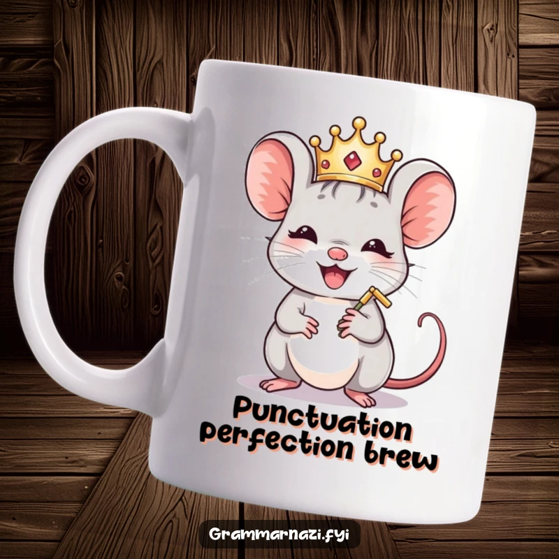Funny Mouse Crown Polisher Mug: A joyful mouse in a tiny crown meticulously polishes a comma with a cloth.