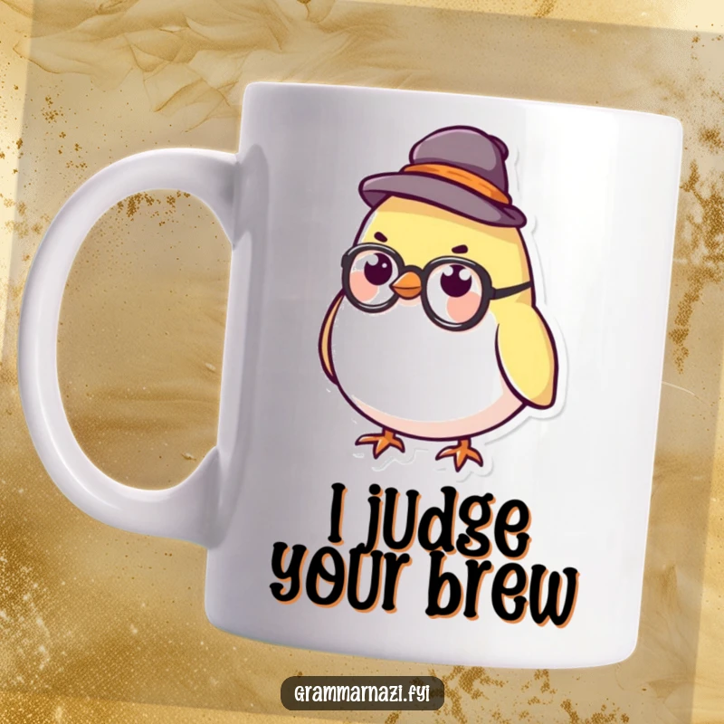 Funny Mug featuring a small, round bird with a tiny stern hat and glasses, looking scholarly and amusing.