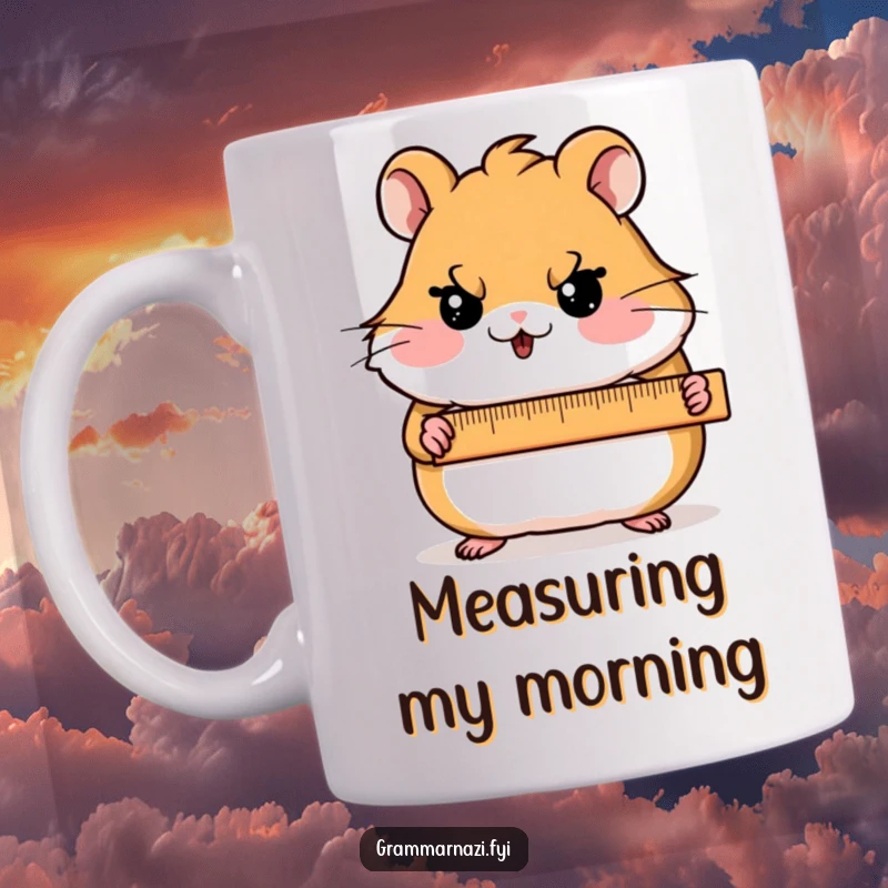 Funny Mug featuring a blushing hamster character holding a ruler with a stern expression, symbolizing careful measurement.