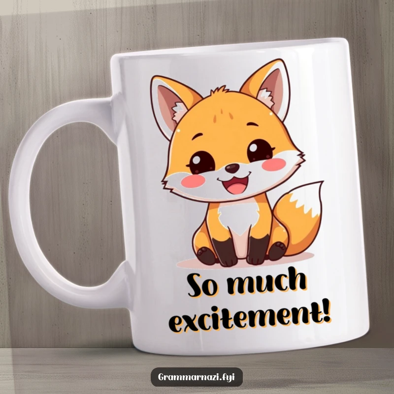Funny Mug: A joyful fox joyfully places a perfect exclamation mark, adding a touch of playful emphasis and grammar fun.