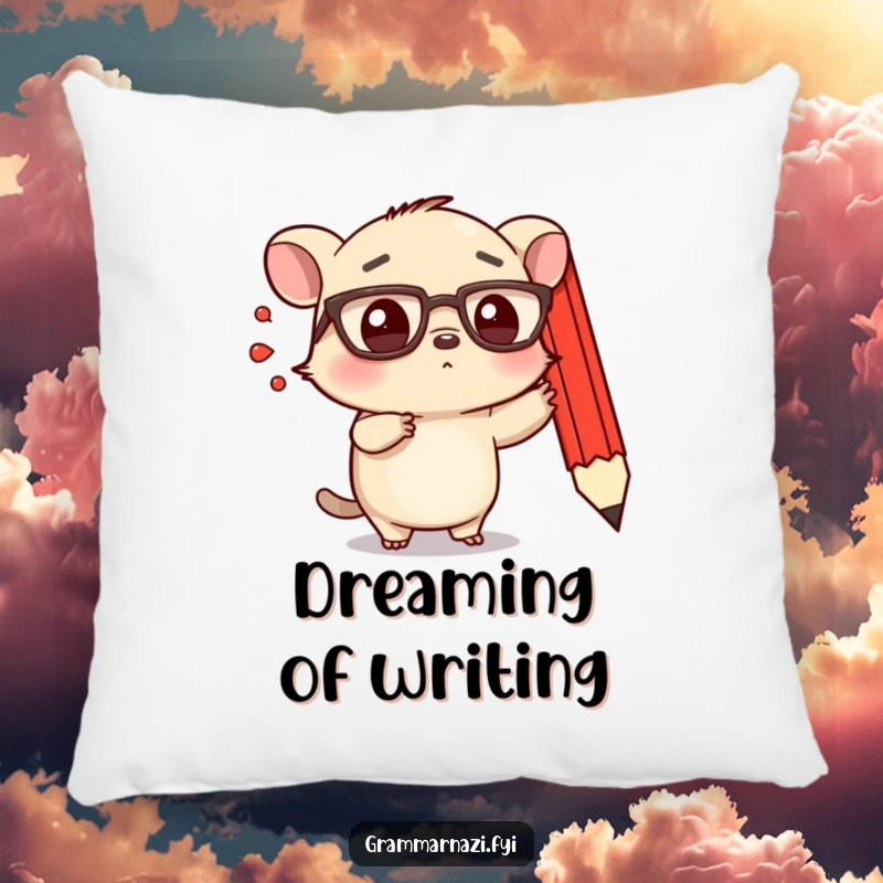 Funny pillow featuring a small, determined creature with spectacles emphatically pointing at a floating, red pencil.