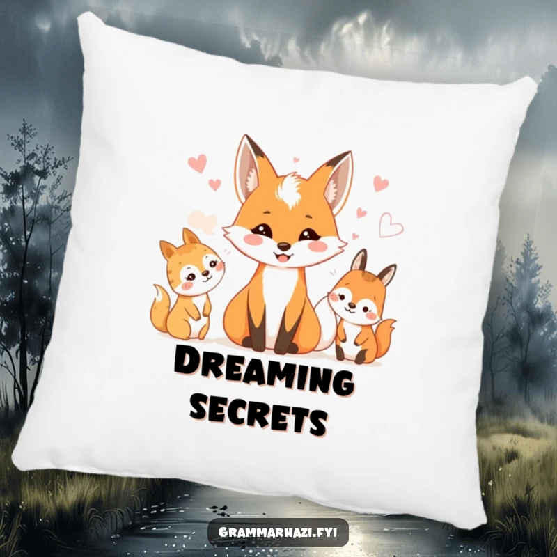 Funny pillow with a smiling fox whispering secrets to happy woodland creatures. Cozy friendship.