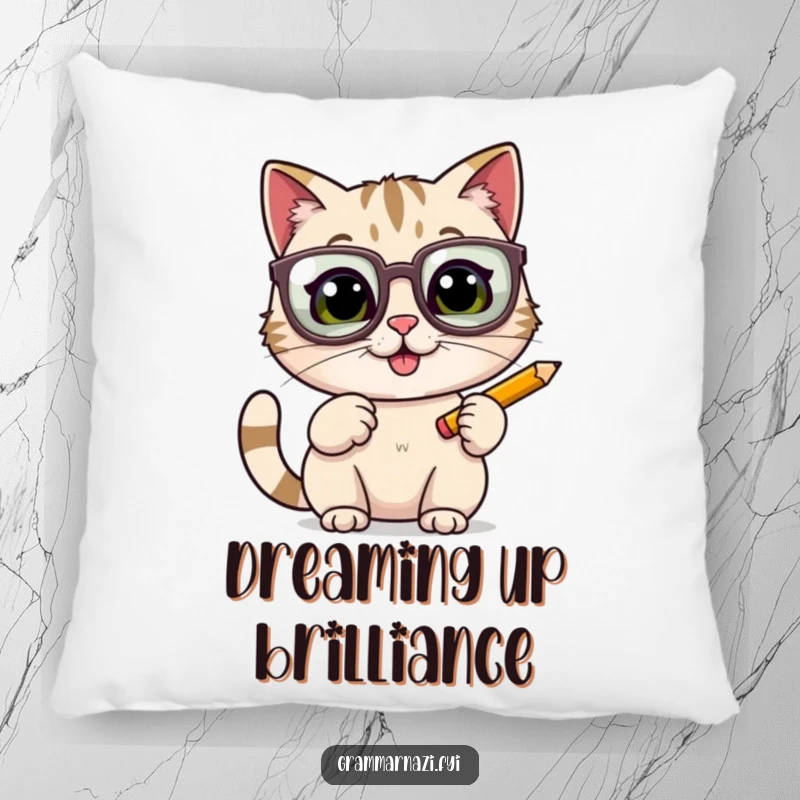 A cheerful cat with oversized glasses enthusiastically tapping a pencil, on a decorative pillow, bringing cozy humor to a room.