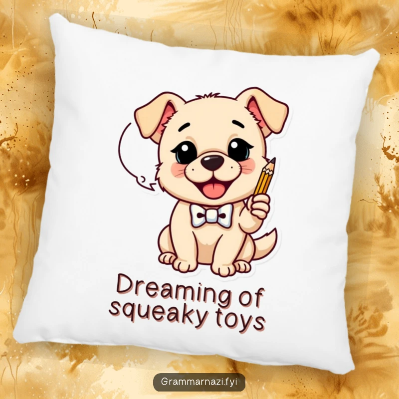 Funny Pillow: A happy dog with a bow tie taps a pencil on a dialogue bubble, offering soft, funny comfort and a clever touch, a lovely funny gift.