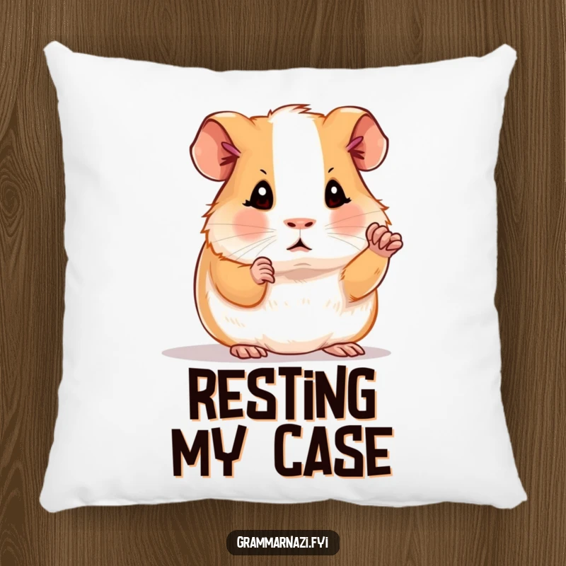 Funny pillow featuring a determined guinea pig polishing a period, offering cozy comfort and a humorous nod to grammar.