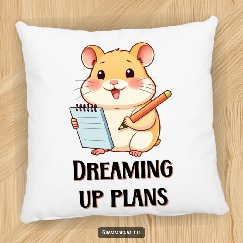 Funny pillow featuring a smiling hamster with a notepad and pencil, offering cozy comfort and a humorous touch to any room.