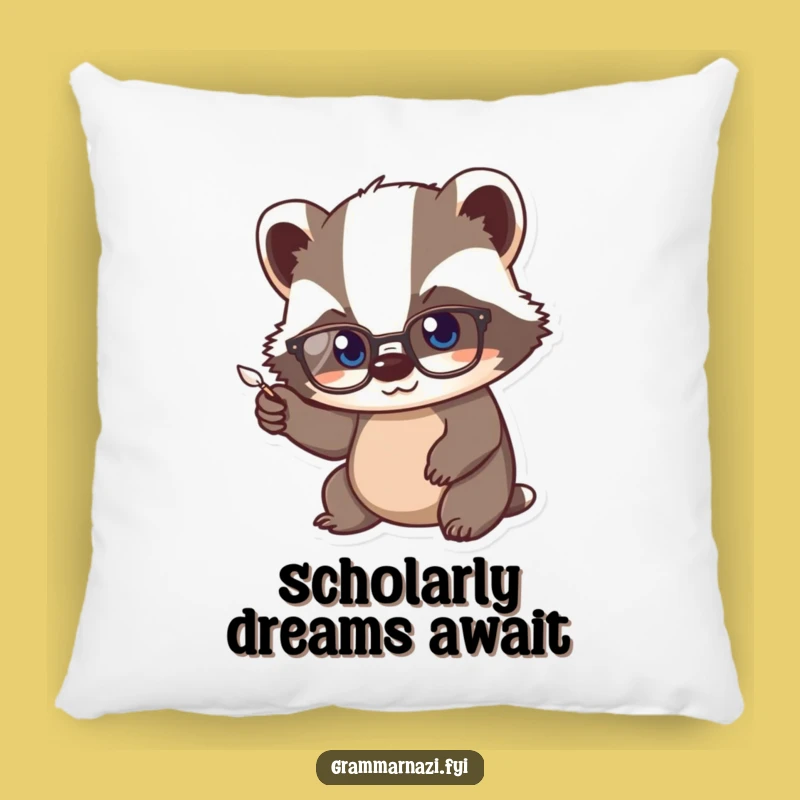 Funny Kawaii Badger Scholar Pillow, Studious Quill Cushion Gift