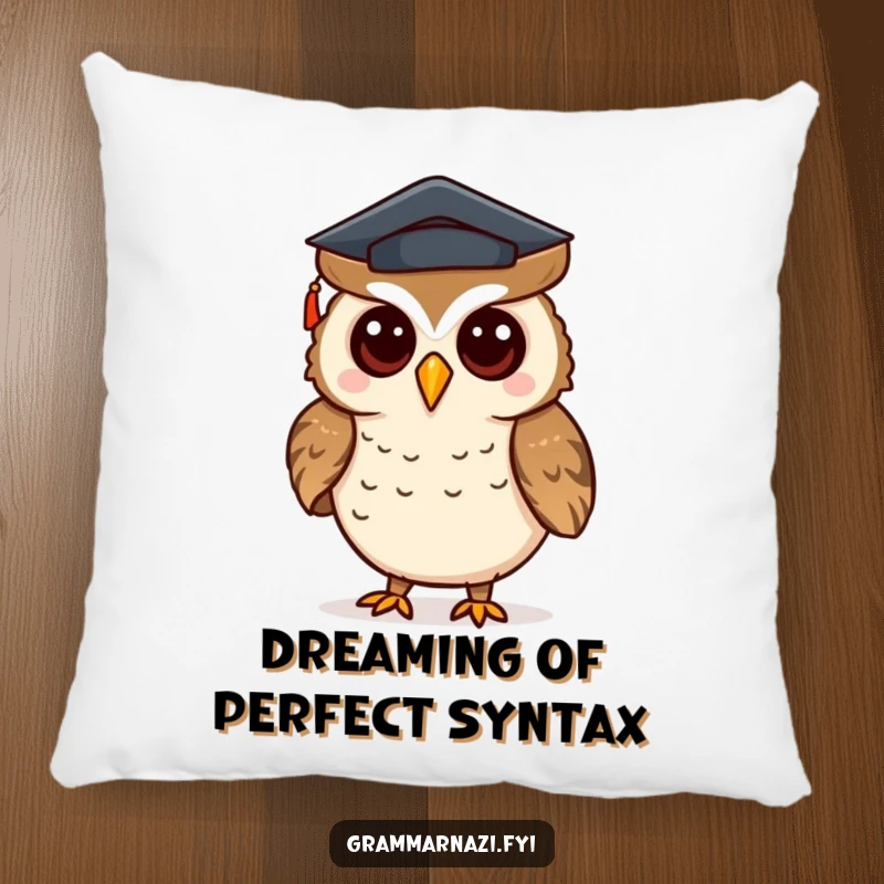 Funny pillow with a curious owl wearing a tiny mortarboard hat, correcting punctuation, charming academic decor.