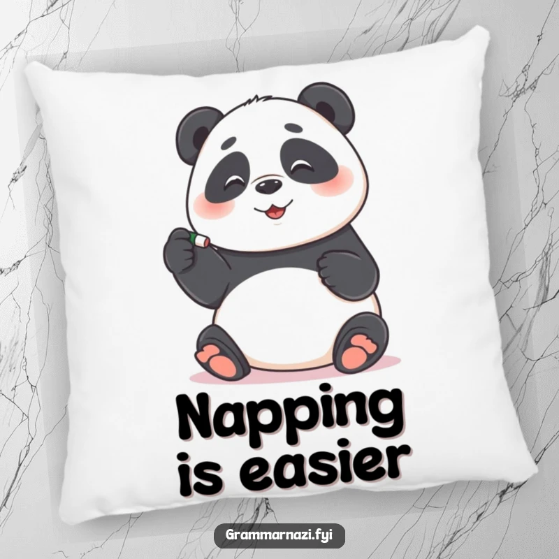 Funny Pillow: Playful panda meticulously correcting a hyphen with an eraser, offering soft, funny comfort and a precise touch, a lovely funny gift.