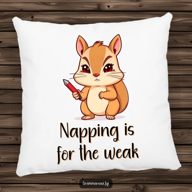 Funny pillow with a determined squirrel holding a red pen with a stern expression, perfect for a writer's room.