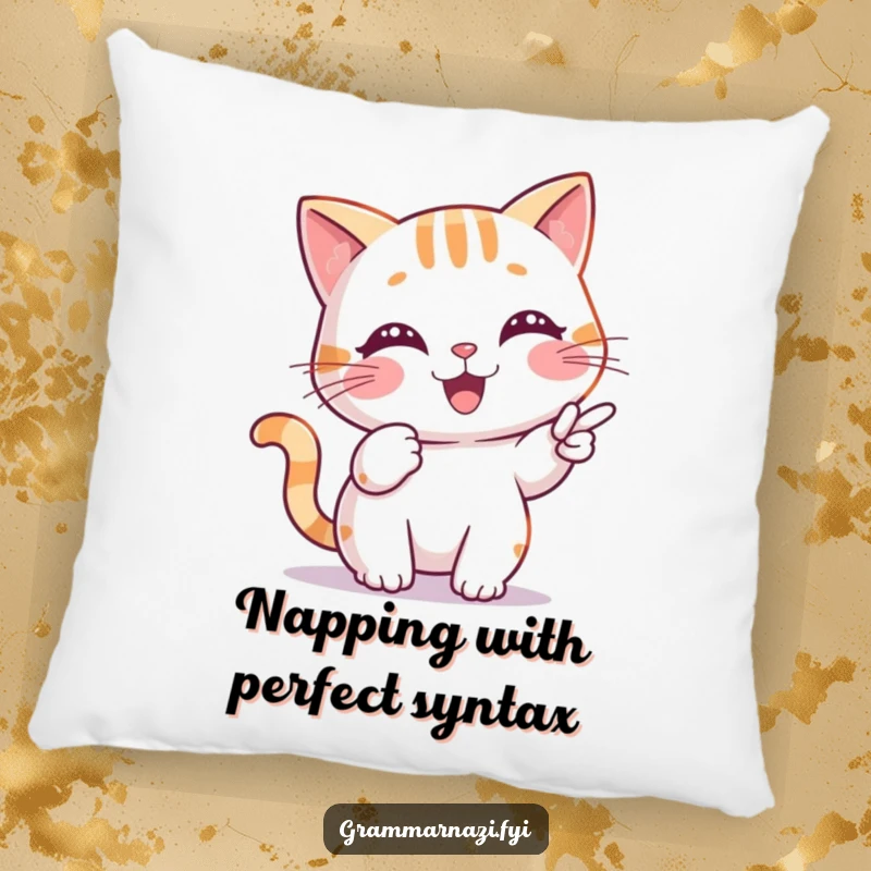 Funny Pillow depicting a cheerful cat character pointing at a misplaced comma, offering cozy and witty home decor.