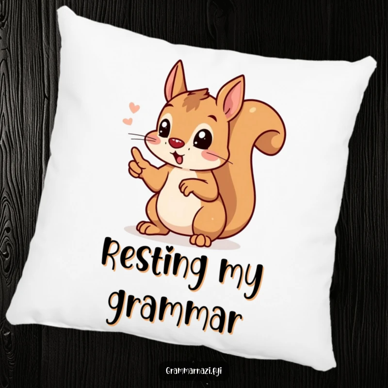 A determined squirrel pointing its paw at a perfect apostrophe, on a decorative pillow, bringing scholarly humor to a living space.
