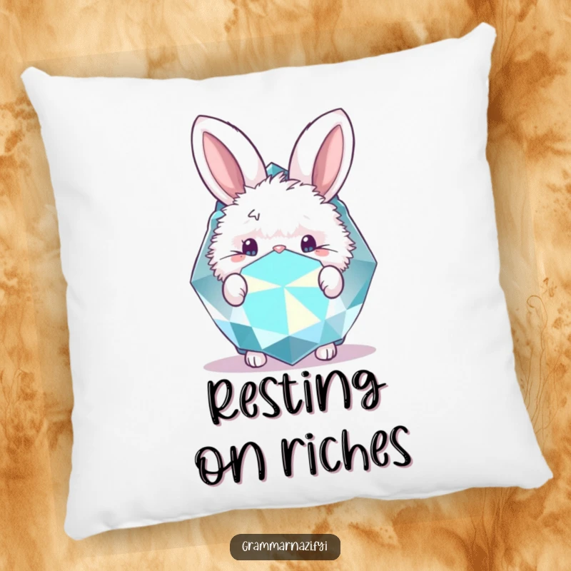 Funny pillow featuring a fluffy bunny peeking behind a huge, sparkling gemstone. Soft and cute.