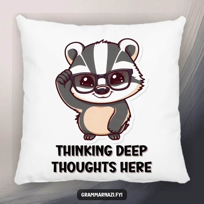 Funny Confident Badger Pillow: A badger adjusting its glasses with a knowing smile, offering soft, intelligent comfort.
