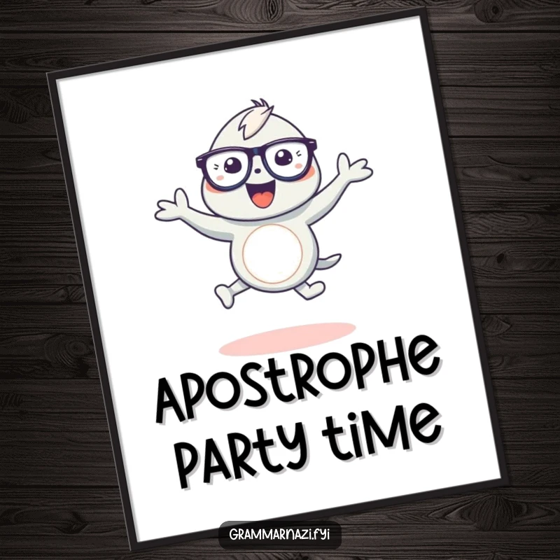 Funny digital art print of a gleeful creature with glasses dancing around a gracefully curved apostrophe, perfect for instant decor.