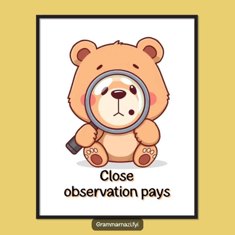 Funny Bear Inspecting Comma Digital Art: Grammar Humor for Your Walls