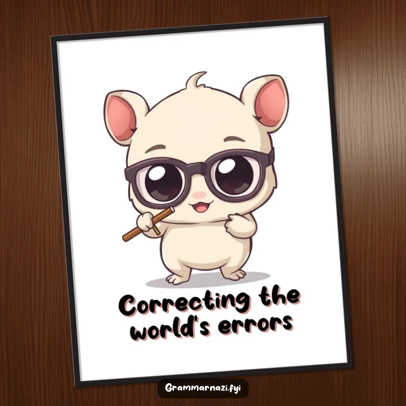 Funny digital art print of a cute, bespectacled creature with large eyes, erasing a misplaced apostrophe, a humorous visual for grammar fans.