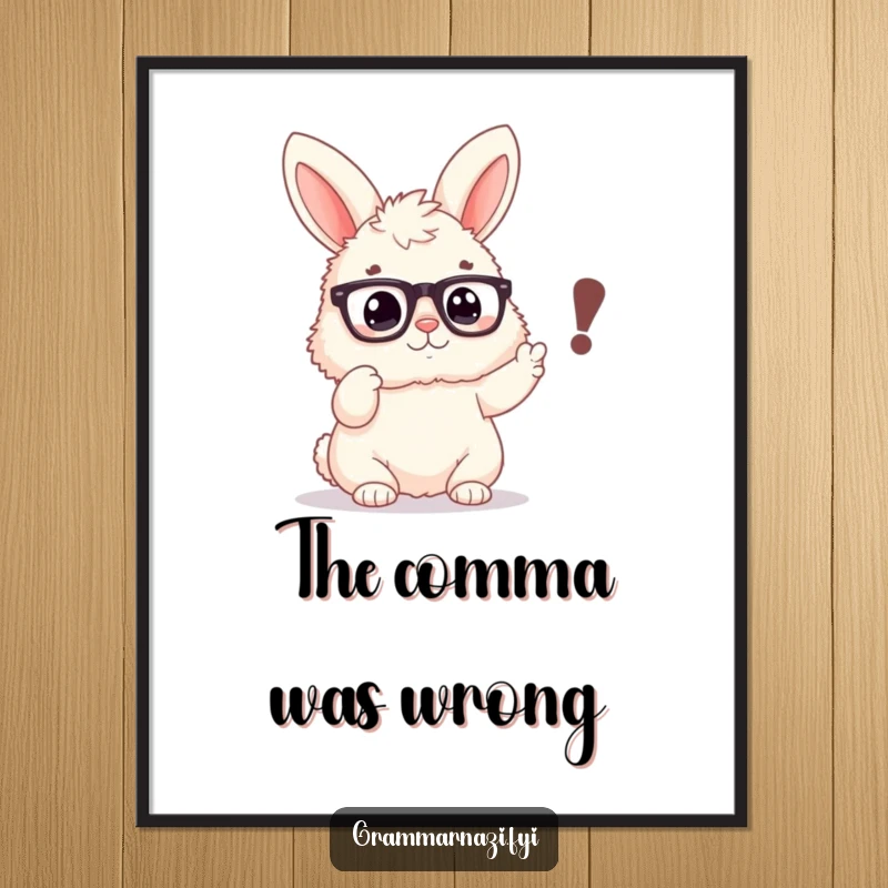 Funny digital art print of a fluffy bunny wearing spectacles, emphatically pointing at a misplaced comma, humorous wall decor.