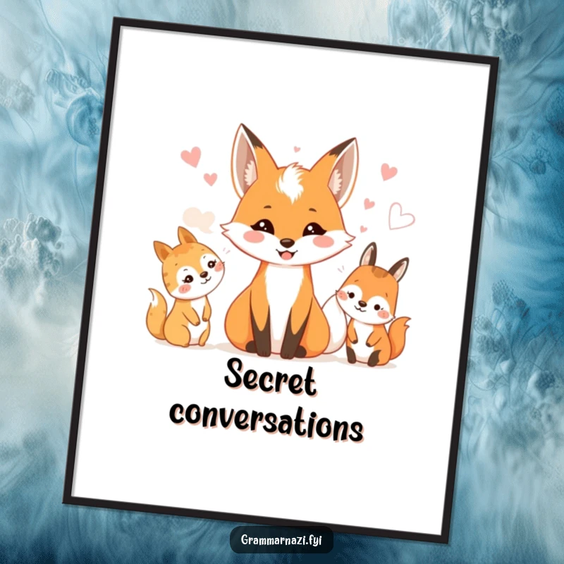 Funny digital art print of a smiling fox whispering to a group of delighted woodland creatures.