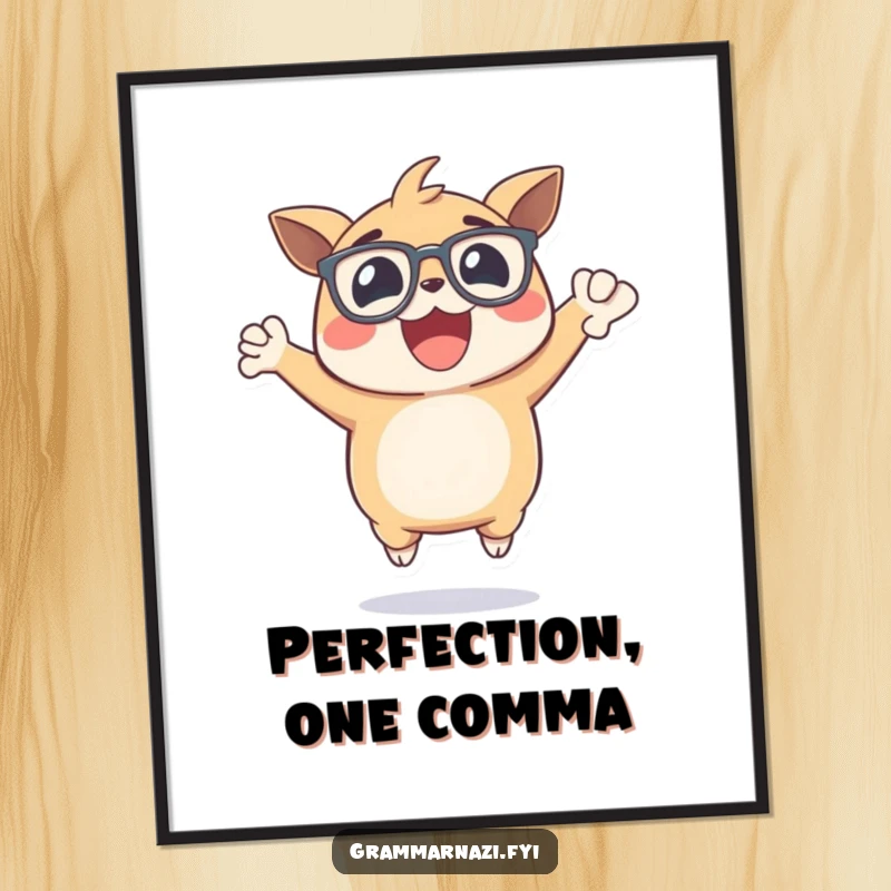 Funny digital art print of an excited, bespectacled creature jumping with joy, holding a perfectly placed comma, a cheerful grammar illustration.