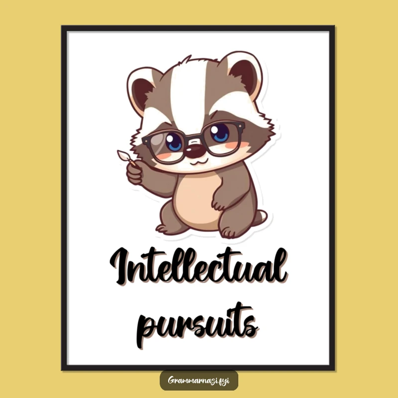 Funny Kawaii Badger Scholar Art Print, Studious Quill Decor Gift