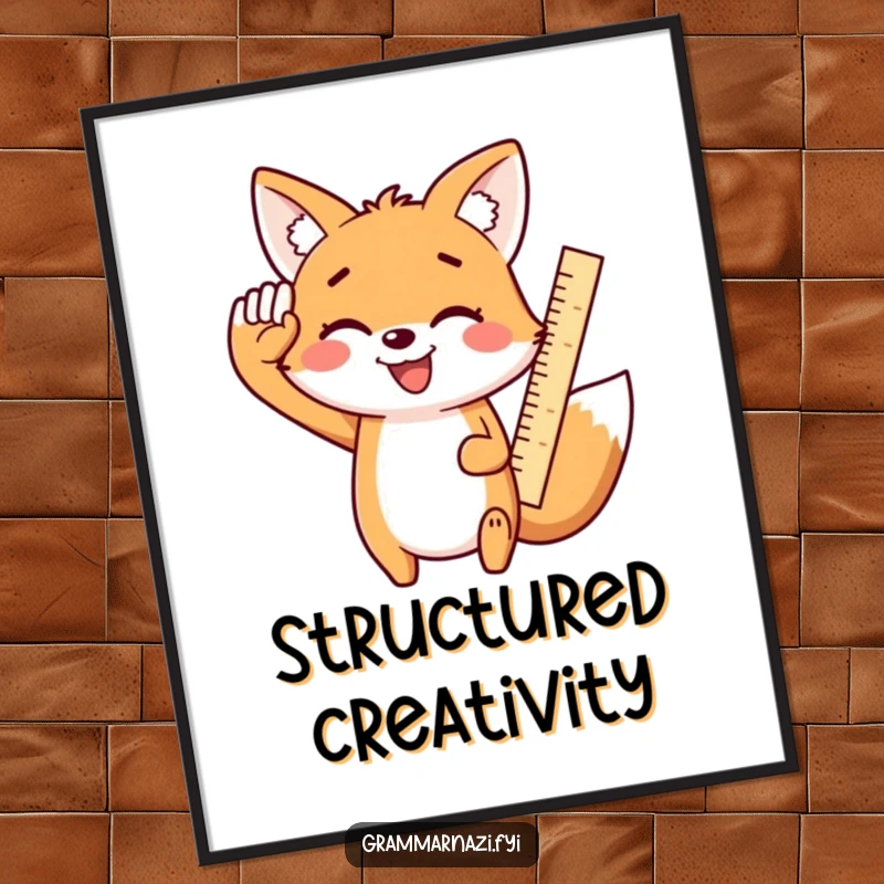 Funny Kawaii Fox Digital Art Print: A smiling, cute fox enthusiastically salutes with a ruler, symbolizing cheerful precision and readiness.