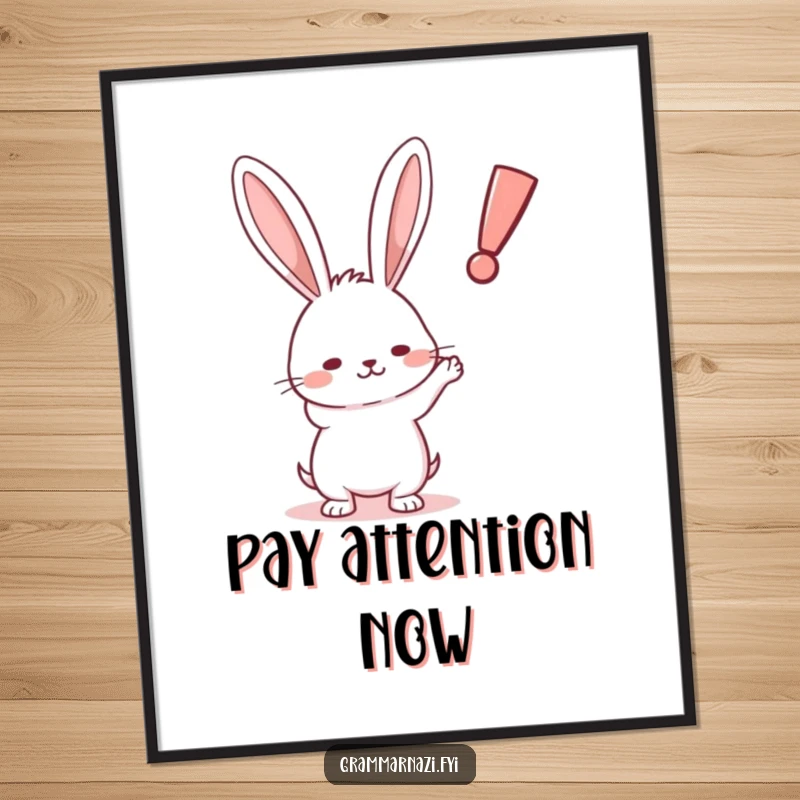 Funny Rabbit Exclamation Digital Art: High-resolution image of a determined rabbit pointing at a crooked exclamation mark, perfect for printing.