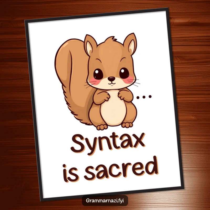 Funny digital art print of a kawaii squirrel meticulously circling a grammatical error, instant humorous wall decor.