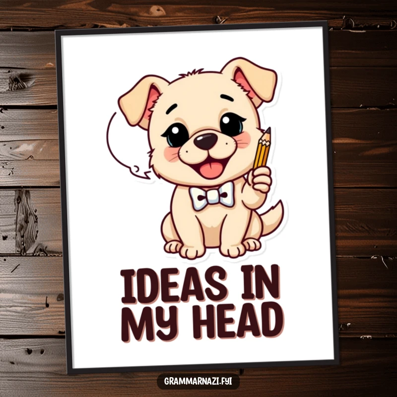 Funny Digital Art Print: Happy dog with a bow tie taps a pencil on a dialogue bubble, showcasing funny creativity, ideal funny gift.