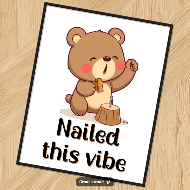 Funny digital art print of a determined bear hammering a tiny nail into wood, perfect for printable wall decor.