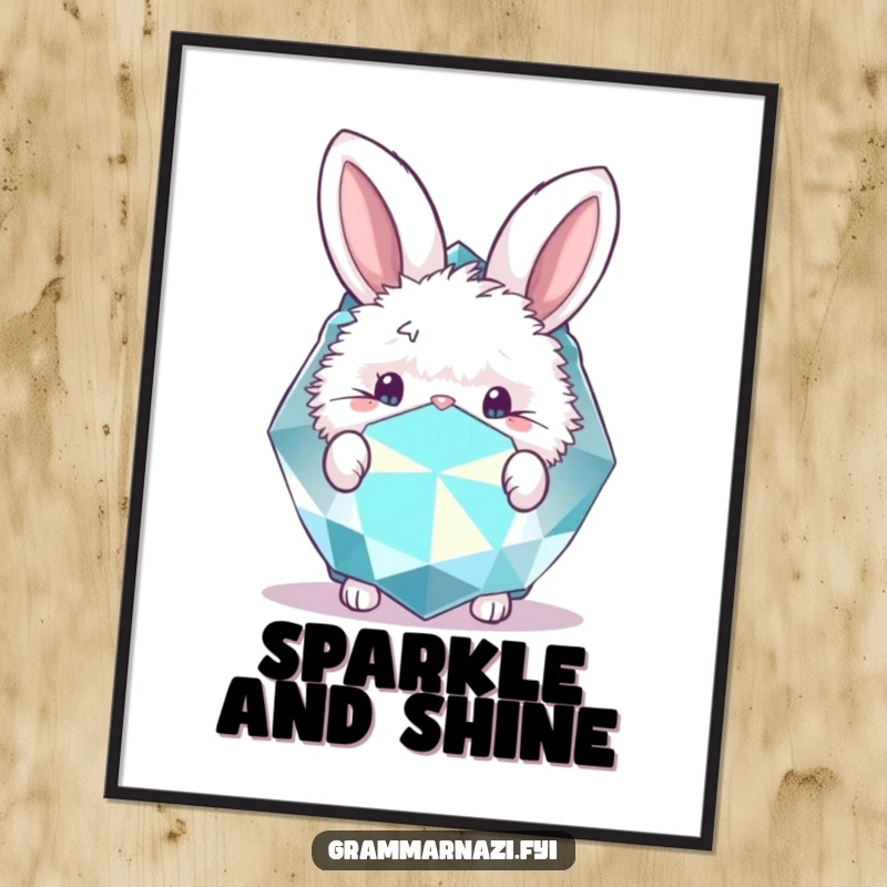Funny digital art print of a fluffy bunny peeking from behind a large, sparkly gemstone. Whimsical.
