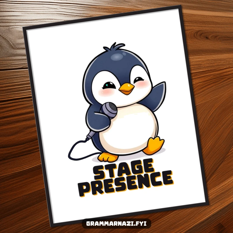 Funny digital art of a tiny penguin winking while holding a miniature microphone. Performance art.