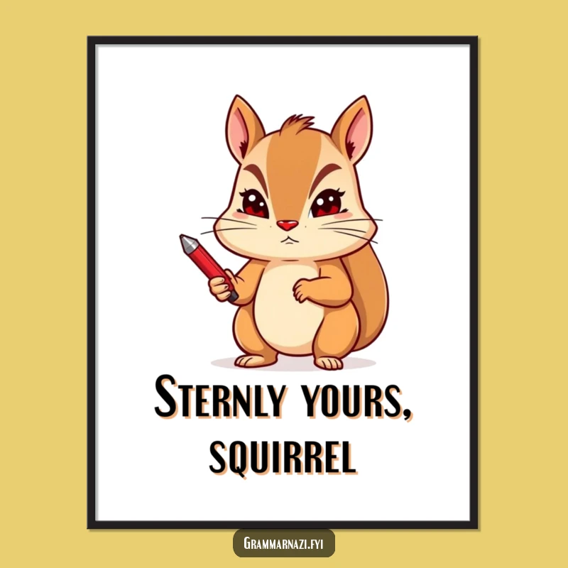 Funny Squirrel Red Pen Digital Art - Stern Editing Decor - Instant Gift