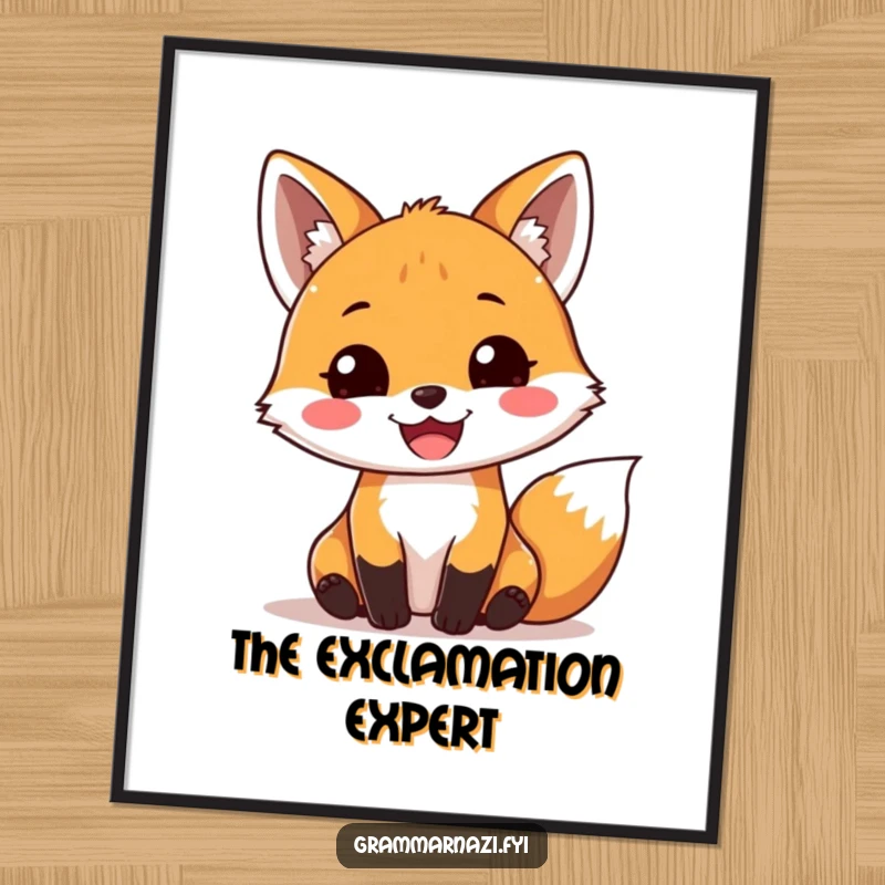 Funny Digital Art Print: A joyful fox joyfully places a perfect exclamation mark, bringing energetic grammar appreciation and vibrant art.