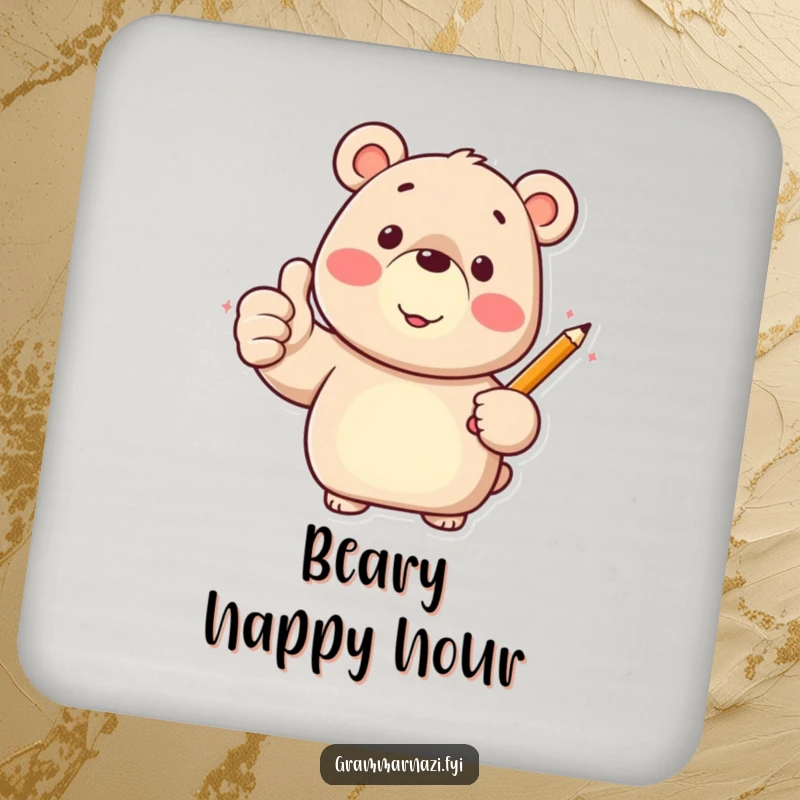 Funny coasters showcasing a happy bear character giving a thumbs up with a pencil, adding charm and positivity.