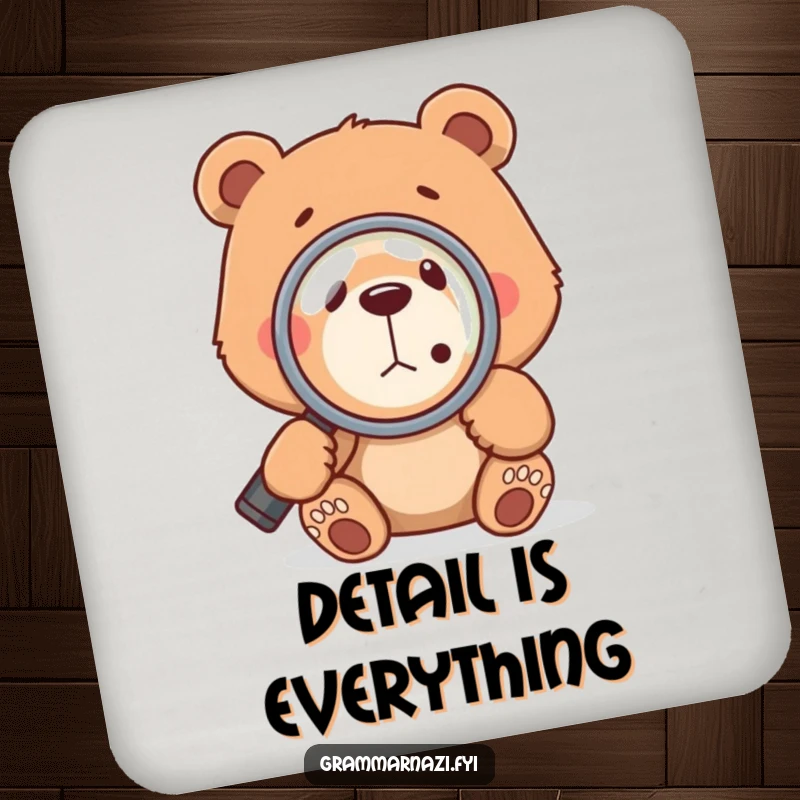 Funny bear using a magnifying glass to examine a comma, presented on a drink coaster for a touch of grammatical humor.