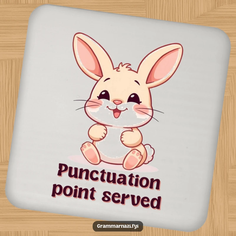 Funny Drink Coaster: A happy bunny meticulously places a misplaced colon with care, a humorous nod to grammar on your tabletop.