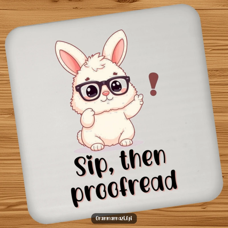 Funny coaster featuring a fluffy bunny with spectacles, emphatically pointing at a misplaced comma, protecting surfaces with humor.