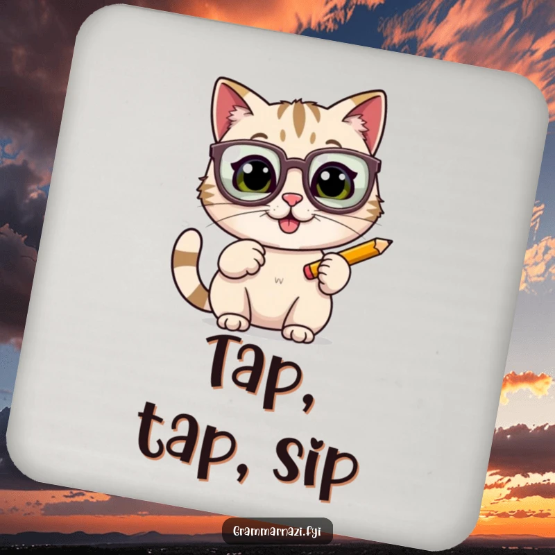 Funny cat wearing oversized glasses tapping a pencil, on a drink coaster, protecting tables with charming feline intelligence.