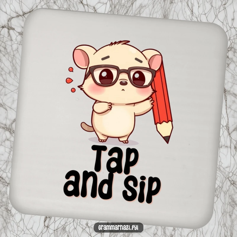 Funny coaster with a small, determined creature with spectacles emphatically pointing at a floating, red pencil.