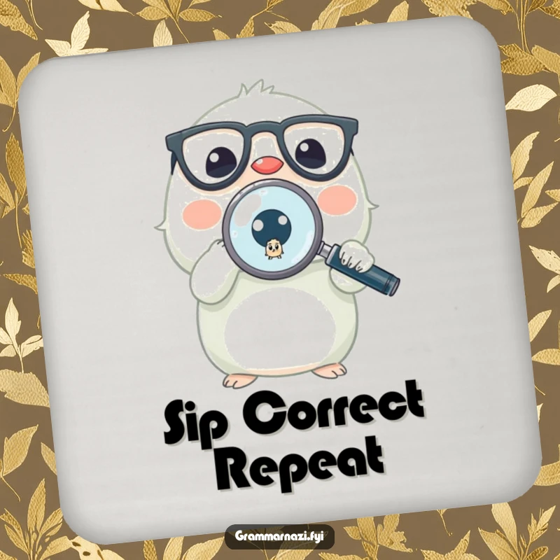 Funny drink coaster featuring a tiny animal with glasses and a magnifying glass focusing on a misplaced period, protecting surfaces humorously.
